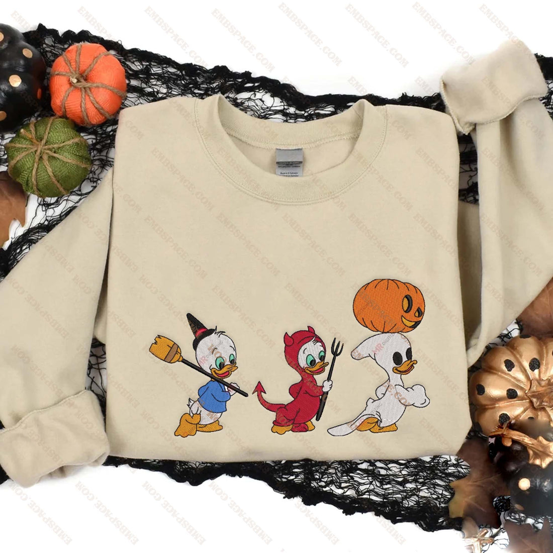 Three Duck Walking Halloween Embroidery Sweatshirt, Halloween Embroidery Sweatshirt HLW_M2068