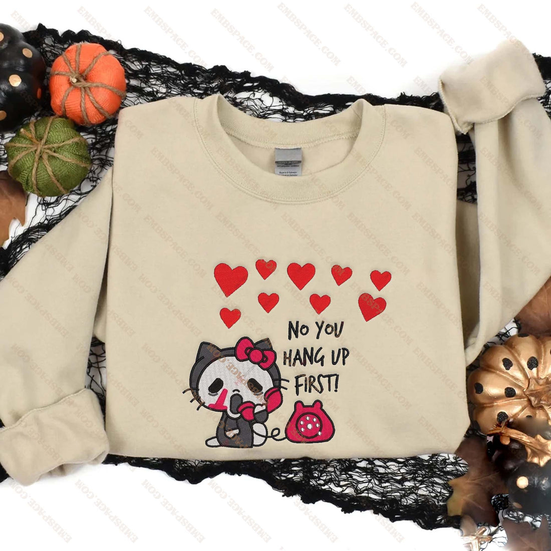 No You Hang Up Ghost Cat Call Phone Halloween Embroidery Sweatshirt, Halloween Embroidery Sweatshirt HLW_M1974