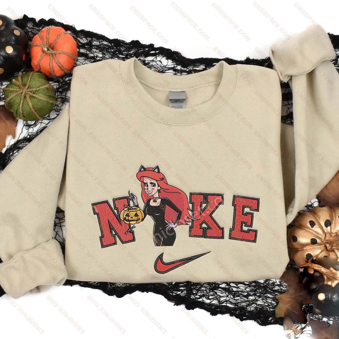 N Cartoon Princess Characters Carry Pumpkin Embroidery Sweatshirt, Halloween Embroidery Sweatshirt HLW_M1924