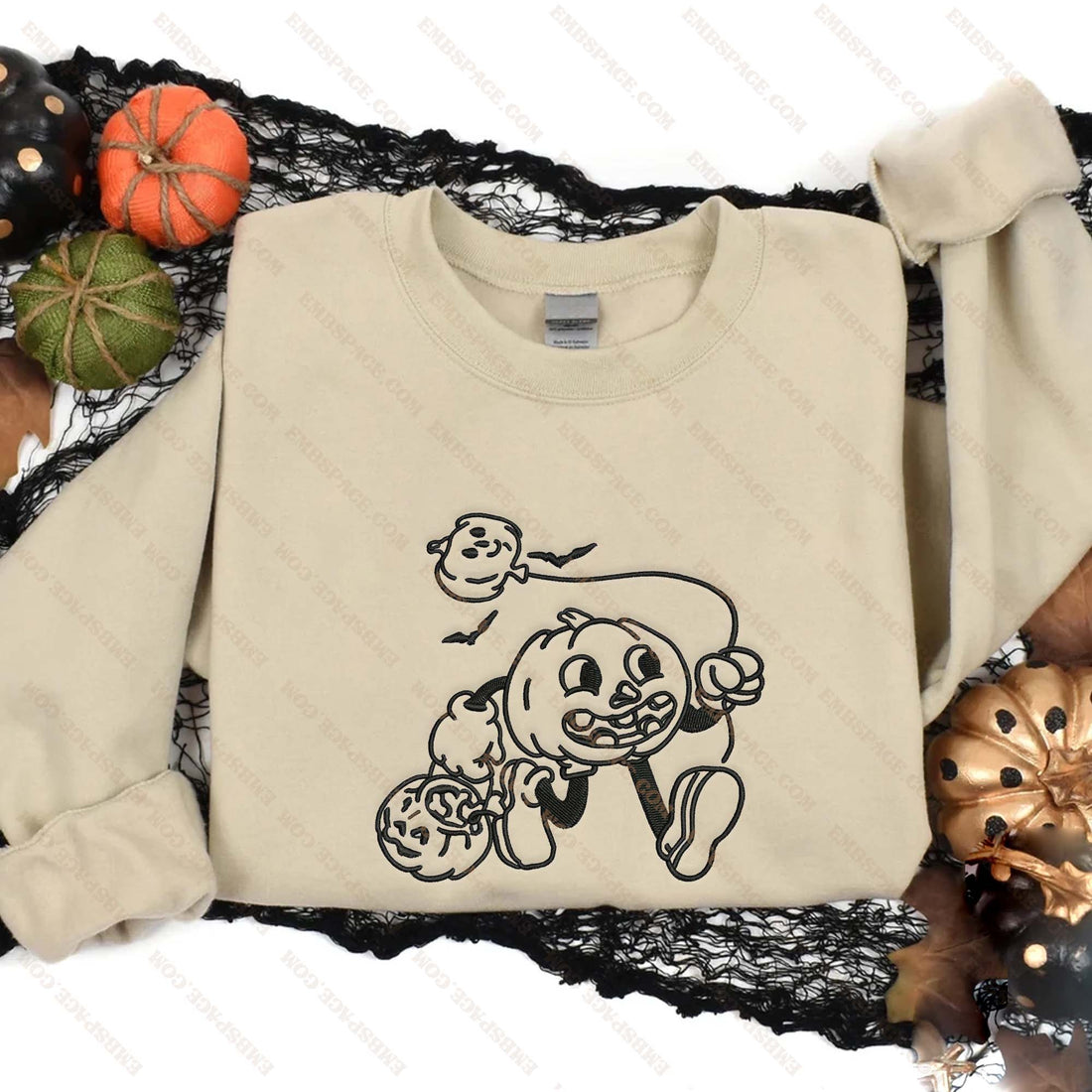 Run Pumpkin with Balloon Halloween Embroidery Sweatshirt, Halloween Embroidery Sweatshirt HLW_M1679