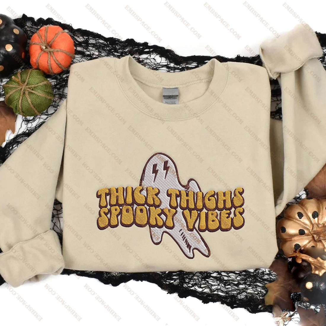 Thick Thighs Spooky Vibes Ghost Halloween Embroidery Sweatshirt, Halloween Embroidery Sweatshirt HLW_M1655