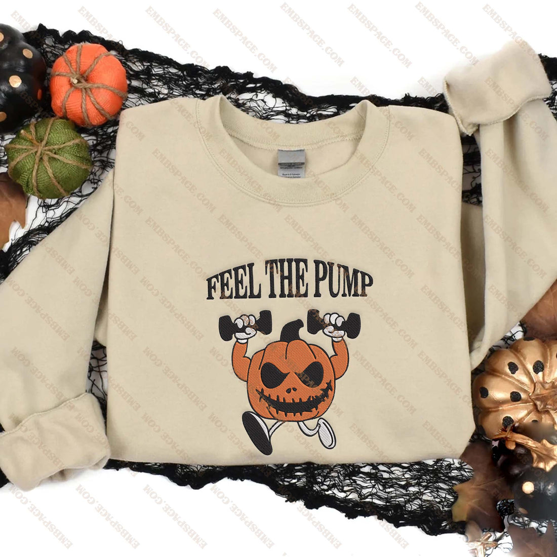 Feel The Pump Weightlifting Pumpkin Embroidery Sweatshirt, Halloween Embroidery Sweatshirt HLW_M1643