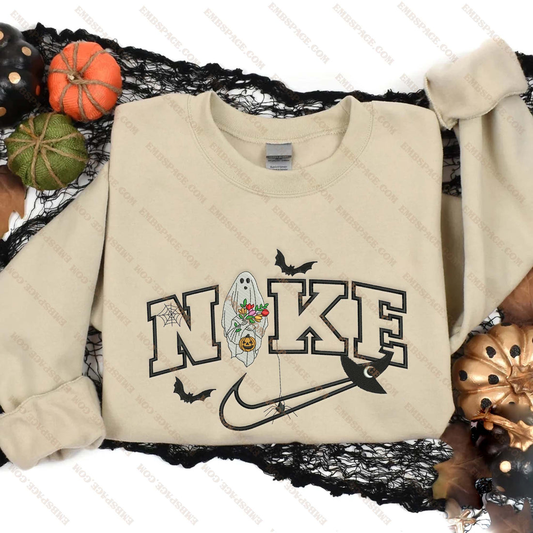 N Floral Ghost Embroidery Sweatshirt, Halloween Embroidery Sweatshirt HLW_M1604