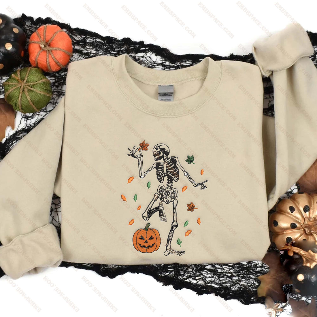 Dancing Skeletons With Leaf Fall Embroidery Sweatshirt, Halloween Embroidery Sweatshirt HLW_M1908