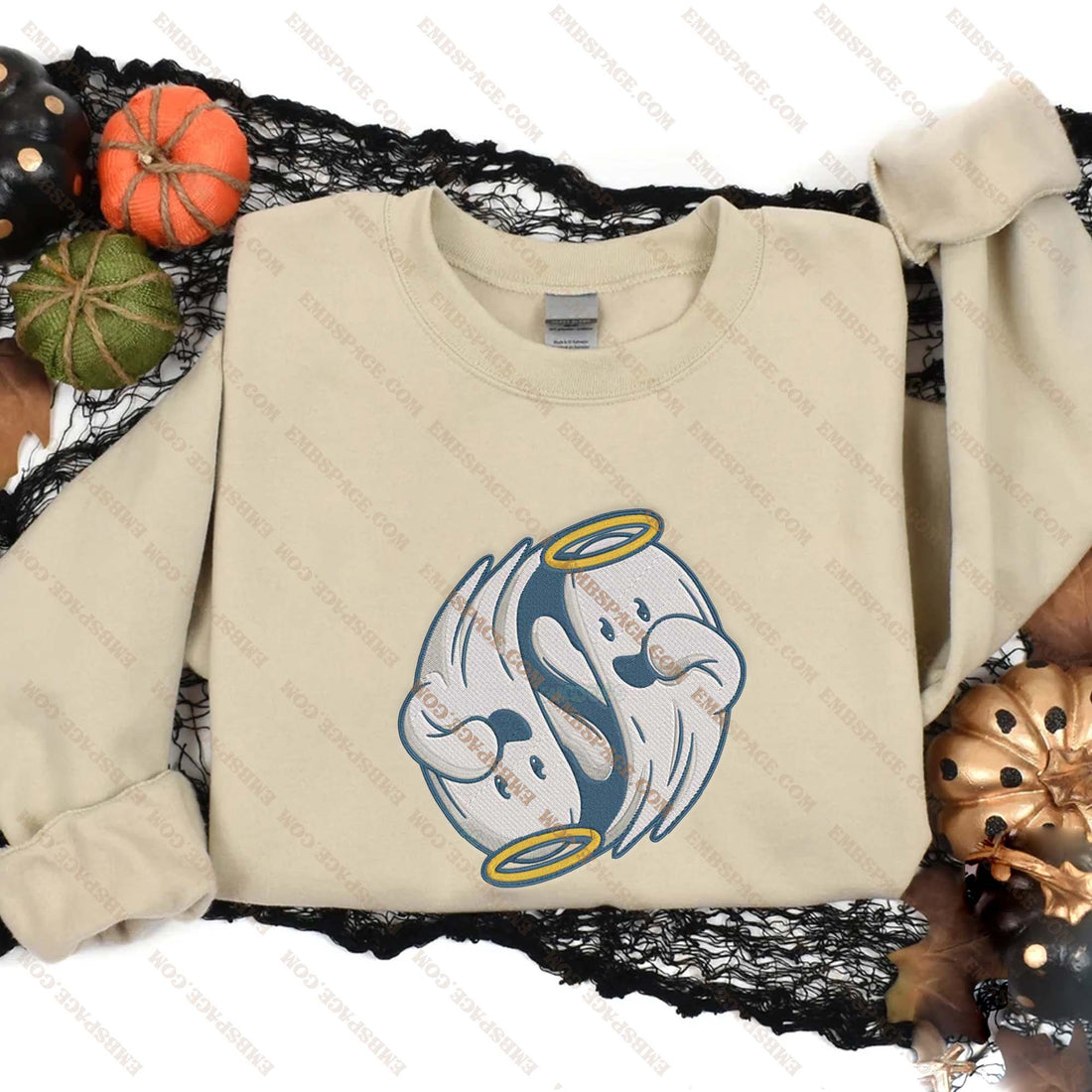 Cute Yin Yang Ghost Halloween Embroidery Sweatshirt, Halloween Embroidery Sweatshirt HLW_M1663