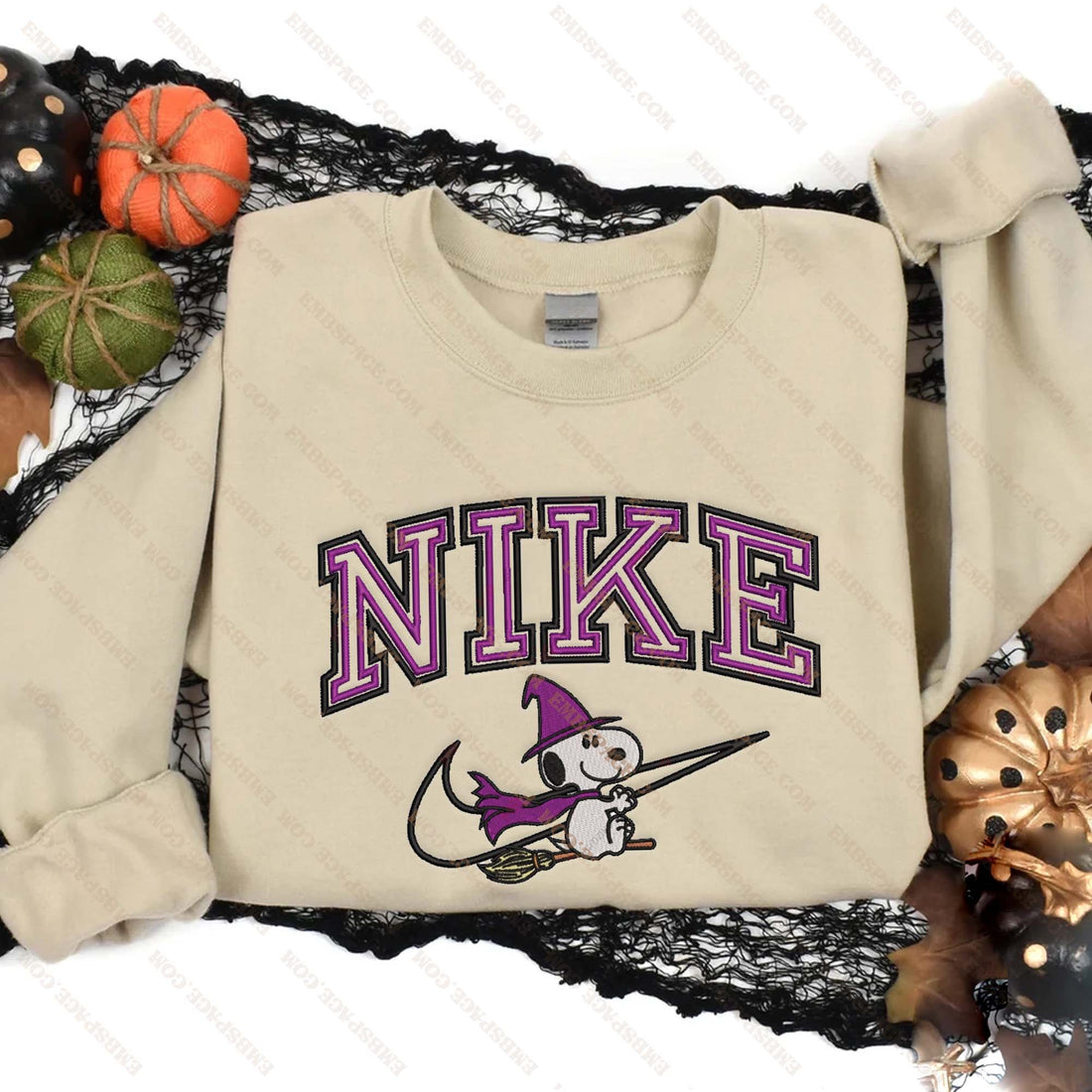 N Dog Flying with Broom Halloween Embroidery Sweatshirt, Halloween Embroidery Sweatshirt HLW_M1963