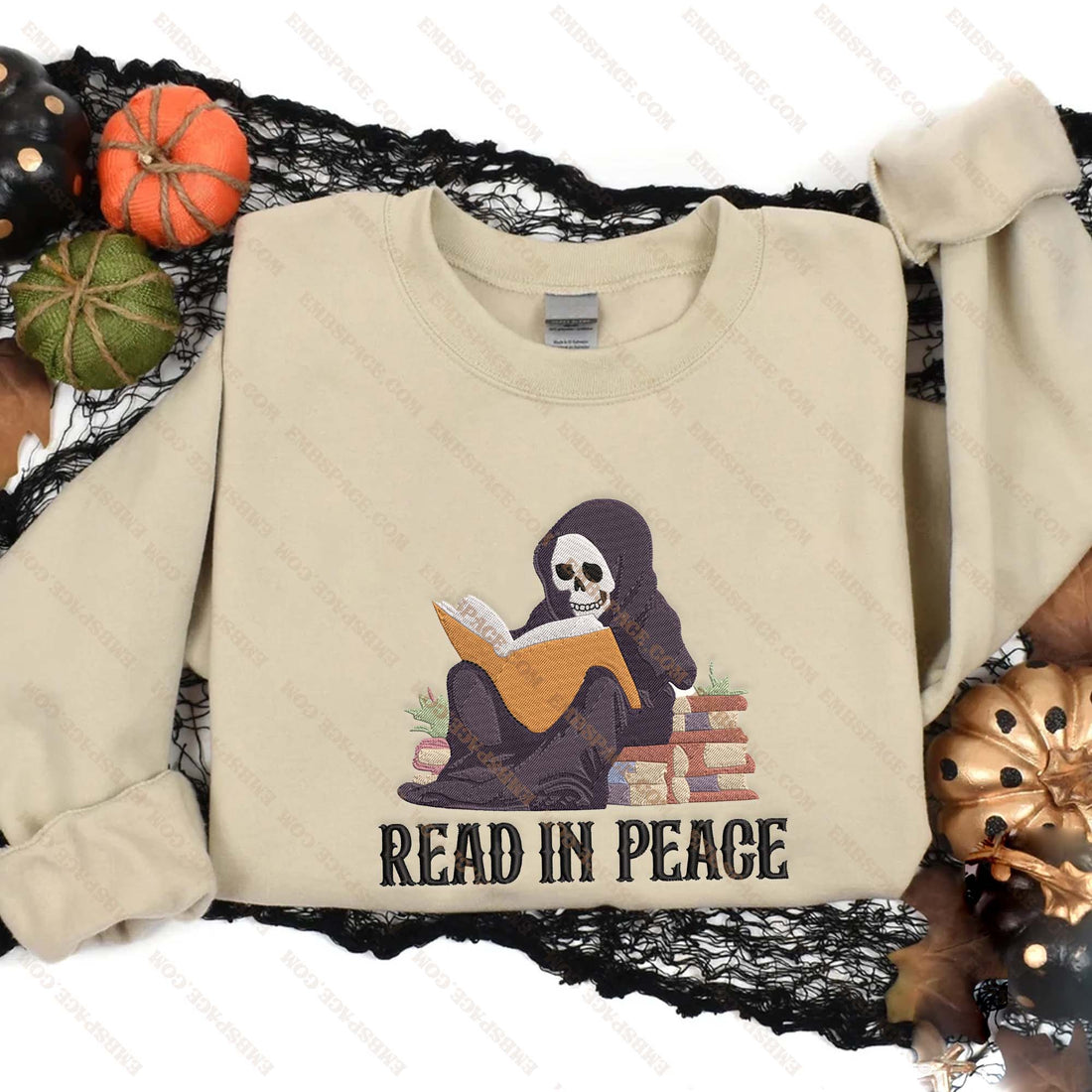 Skeleton Reading Book in Peace Embroidered Sweatshirt, Halloween Embroidery Sweatshirt HLW_M1917