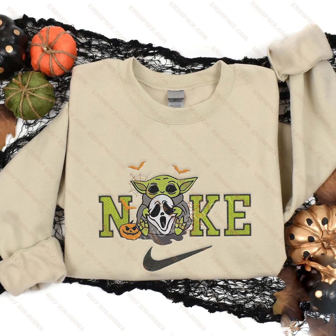 N Cartoon with Face Ghost Halloween Embroidery Sweatshirt, Halloween Embroidery Sweatshirt HLW_M1929