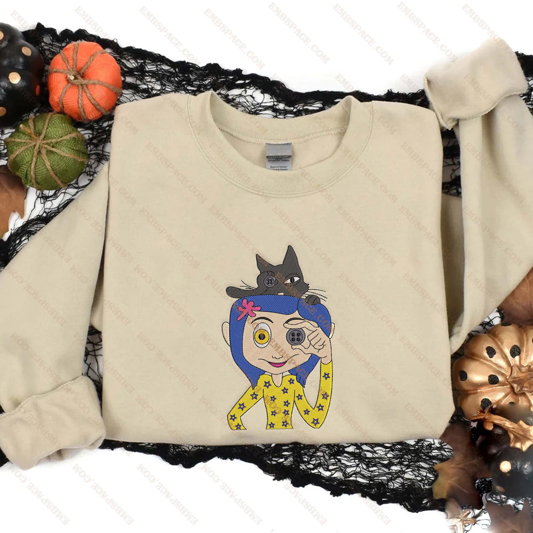 Halloween Witch Girl Button Eyes Embroidery Sweatshirt, Halloween Embroidery Sweatshirt HLW_M1788