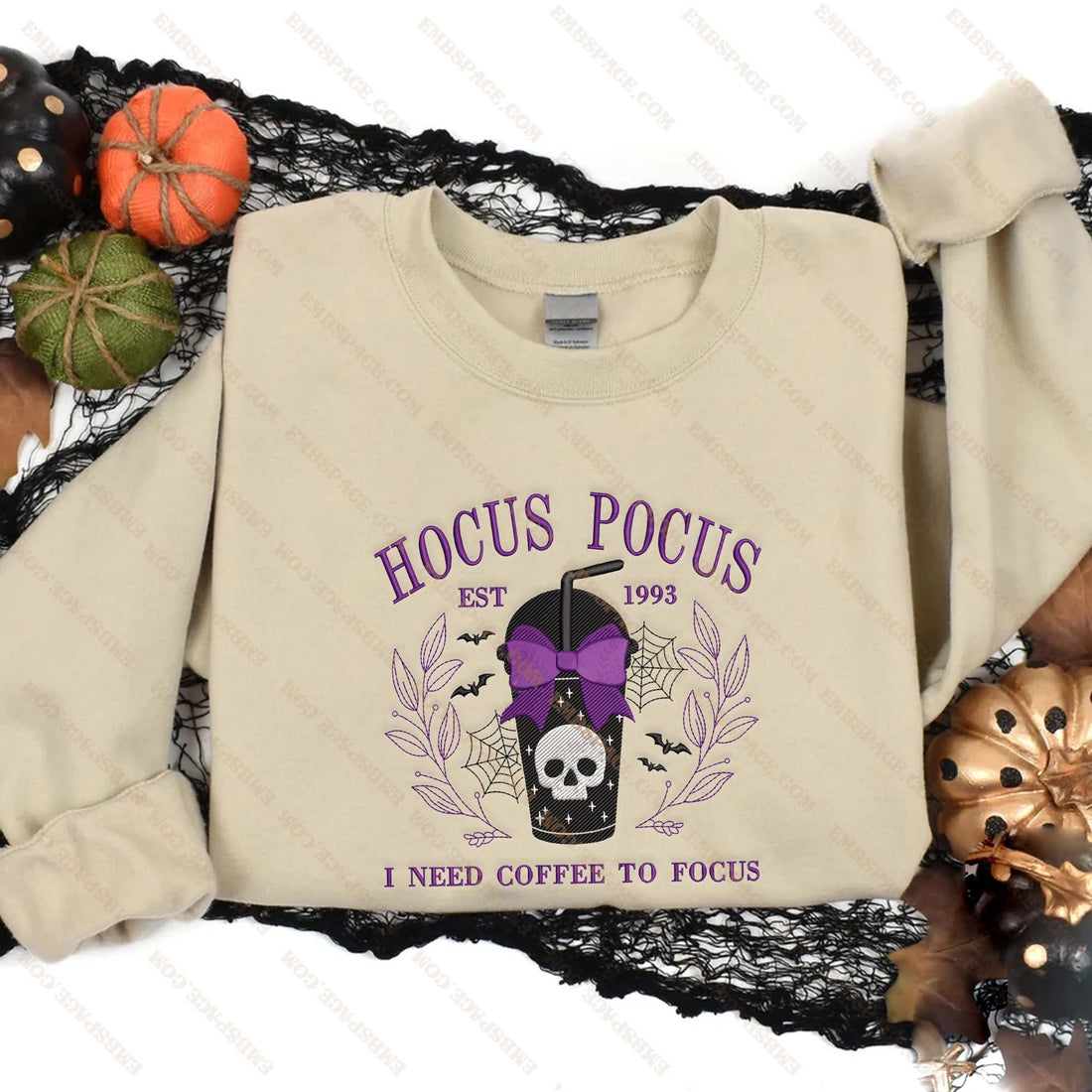 HalIoween I Need Coffee To Focus Embroidery Sweatshirt, Halloween Embroidery Sweatshirt HLW_M1886
