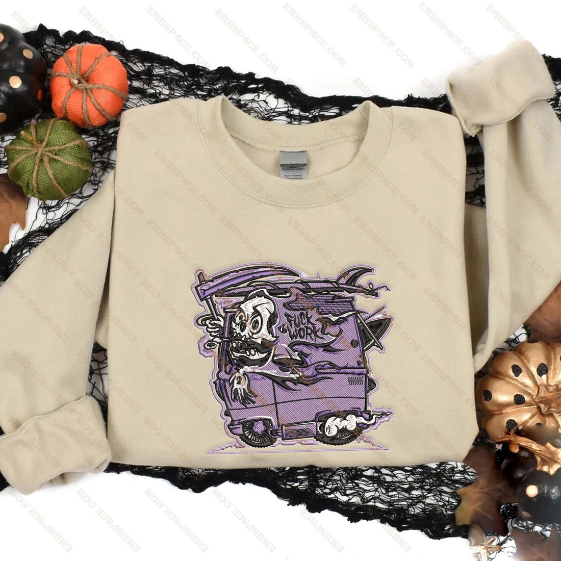 Skeladude Van Halloween Embroidery Sweatshirt, Halloween Embroidery Sweatshirt HLW_M1814