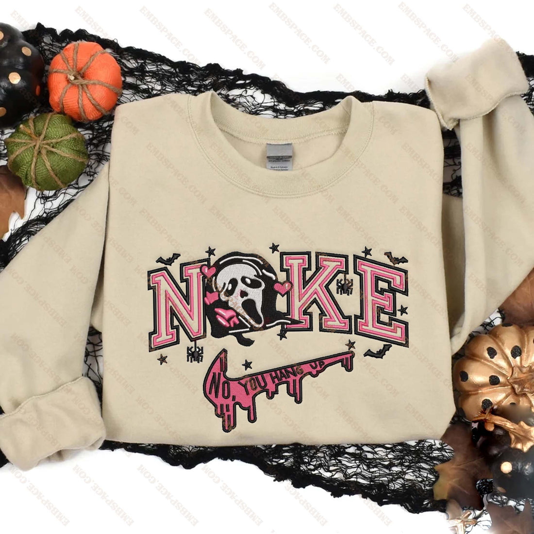 N Pink Ghost No You Hang Up Halloween Sweatshirt, Halloween Embroidery Sweatshirt HLW_M1962