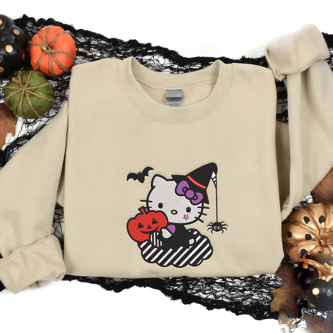 Hello Cat Witch Pumpkin Embroidery Sweatshirt, Halloween Embroidery Sweatshirt HLW_M508