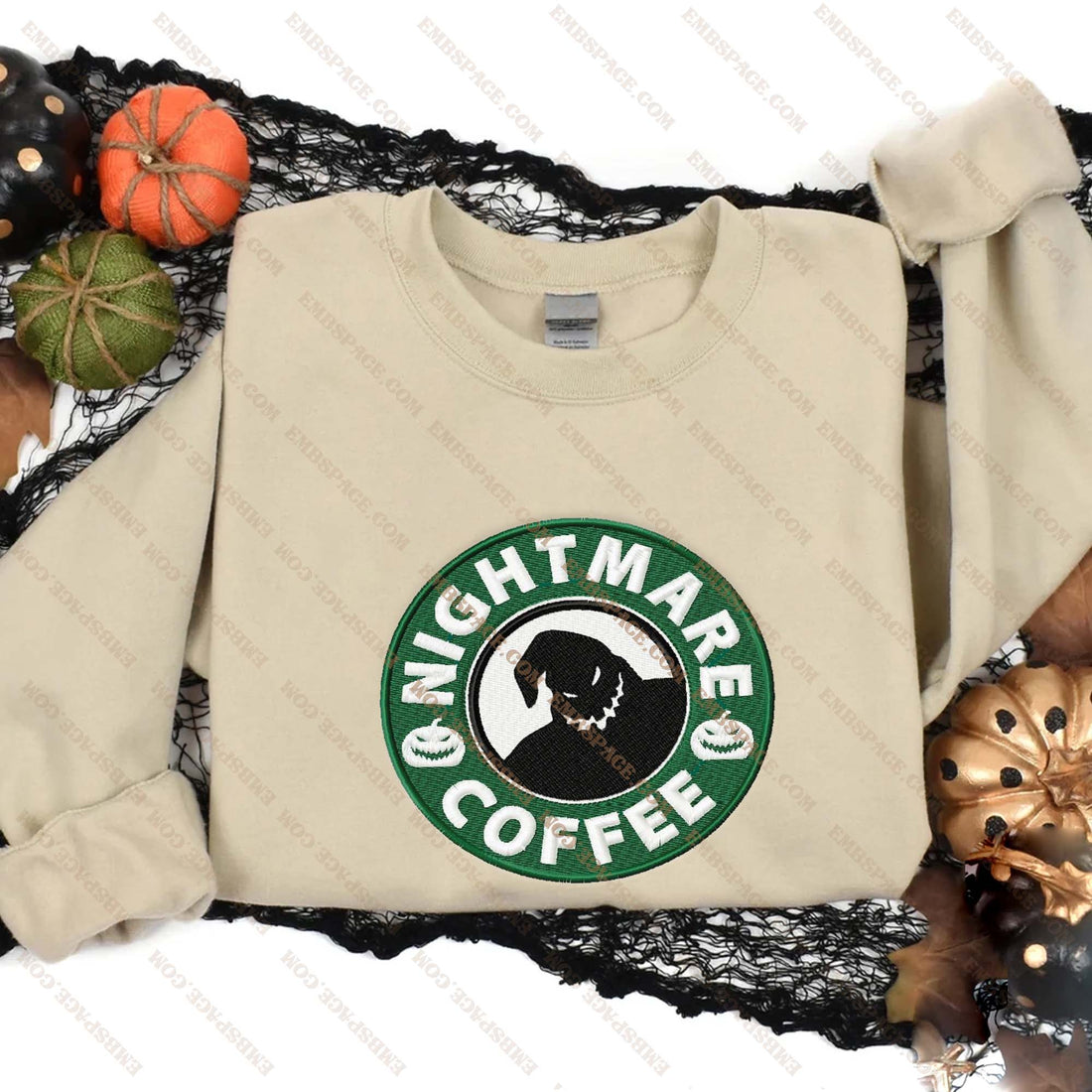 Green Monster Coffee Character Embroidery Halloween Sweatshirt, Halloween Embroidery Sweatshirt HLW_M1784