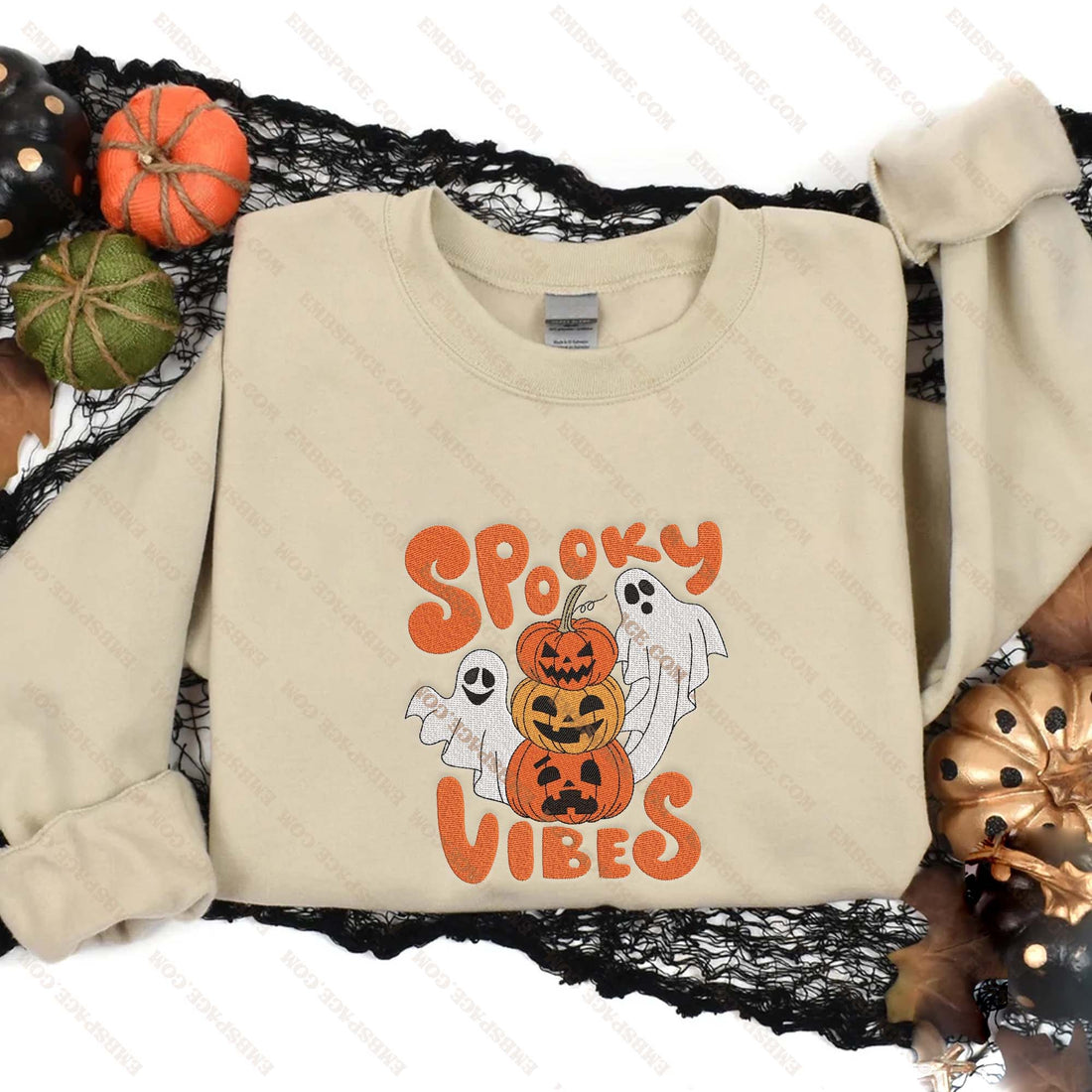 Ghost Pumpkin Spooky Vibes Halloween Embroidery Sweatshirt, Halloween Embroidery Sweatshirt HLW_M1685