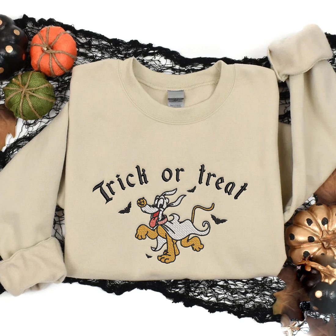 Dog Trick Treat Embroidery Sweatshirt, Halloween Embroidery Sweatshirt HLW_M658