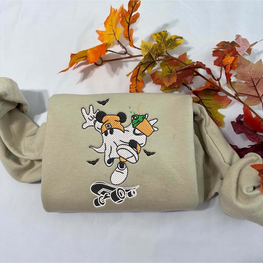 Mouse Ghost Roller Skating Halloween Embroidery Sweatshirt, Halloween Embroidery Sweatshirt HLW_M1177