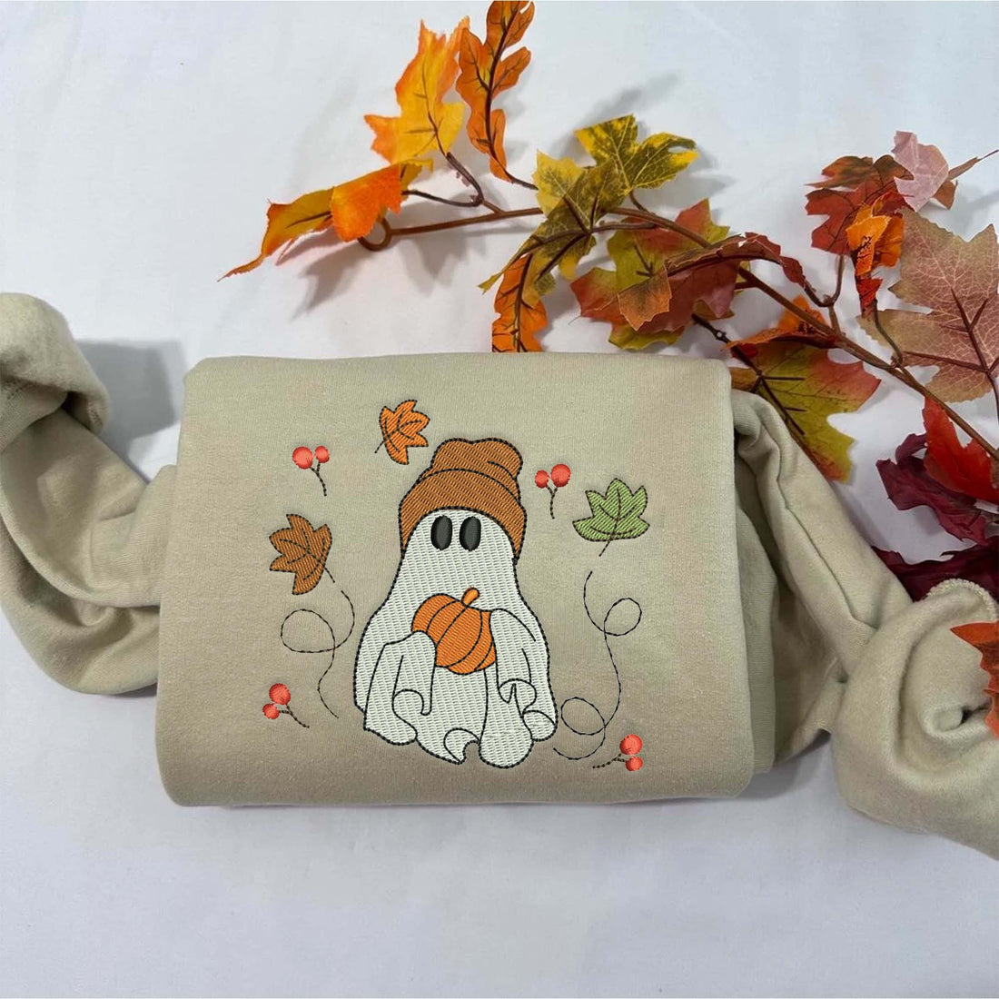 Ghost Carry Pumpkin Sweatshirt, Halloween Embroidery Sweatshirt HLW_M437
