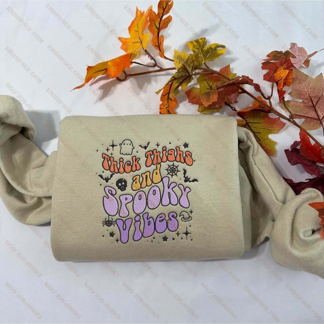 Thick Thighs and Spooky Vibes Ghost Halloween Embroidery Sweatshirt, Halloween Embroidery Sweatshirt HLW_M1656