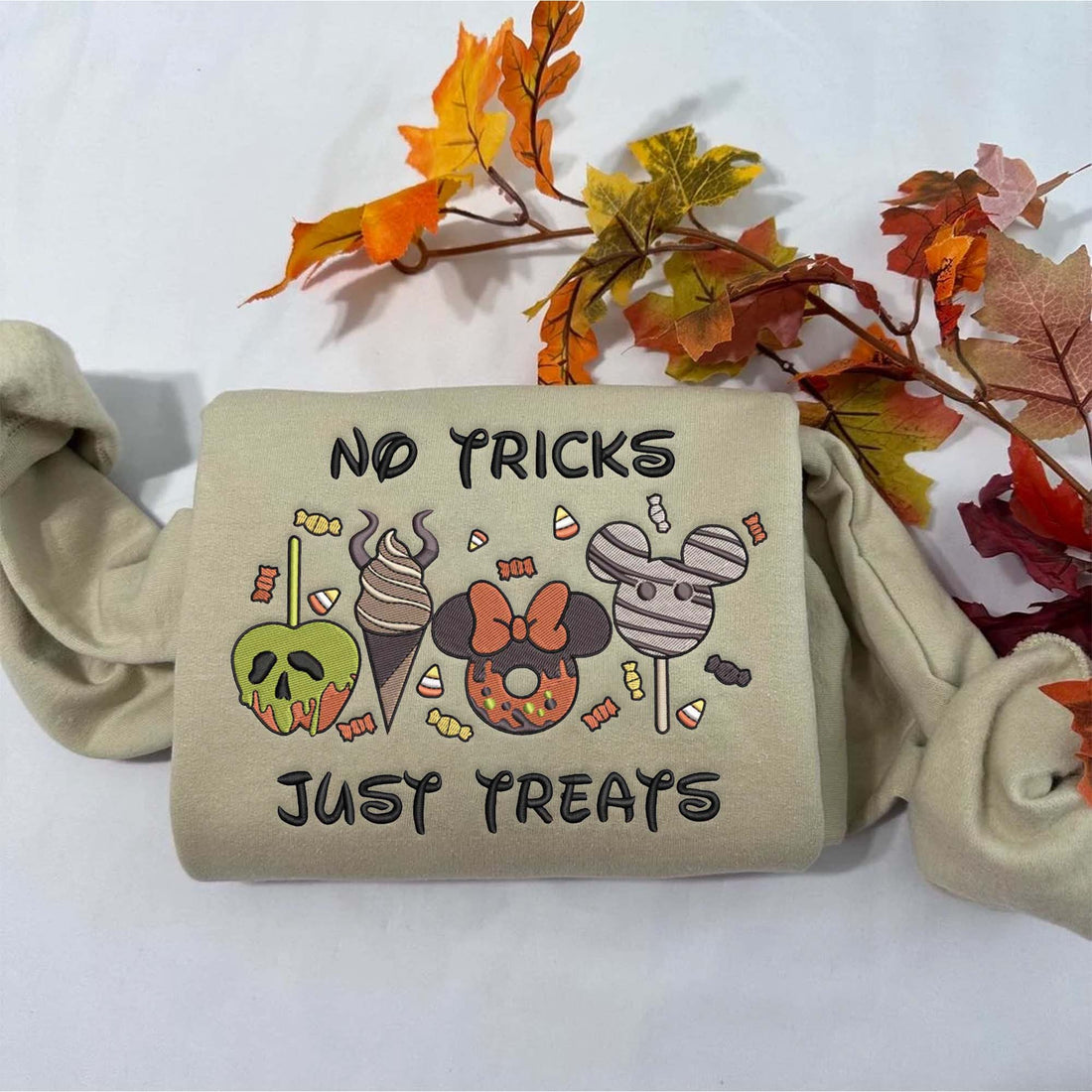 No Trick Just Treat Mouse Sweatshirt, Halloween Embroidery Sweatshirt HLW_M708
