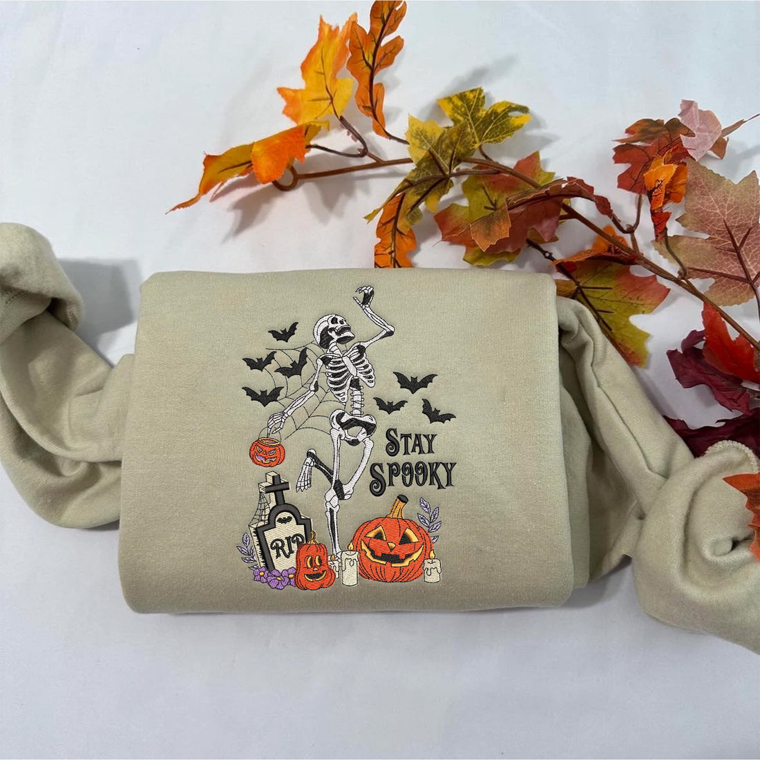 Rip Pumpkin Skeleton Dancing Sweatshirt, Halloween Embroidery Sweatshirt HLW_M237