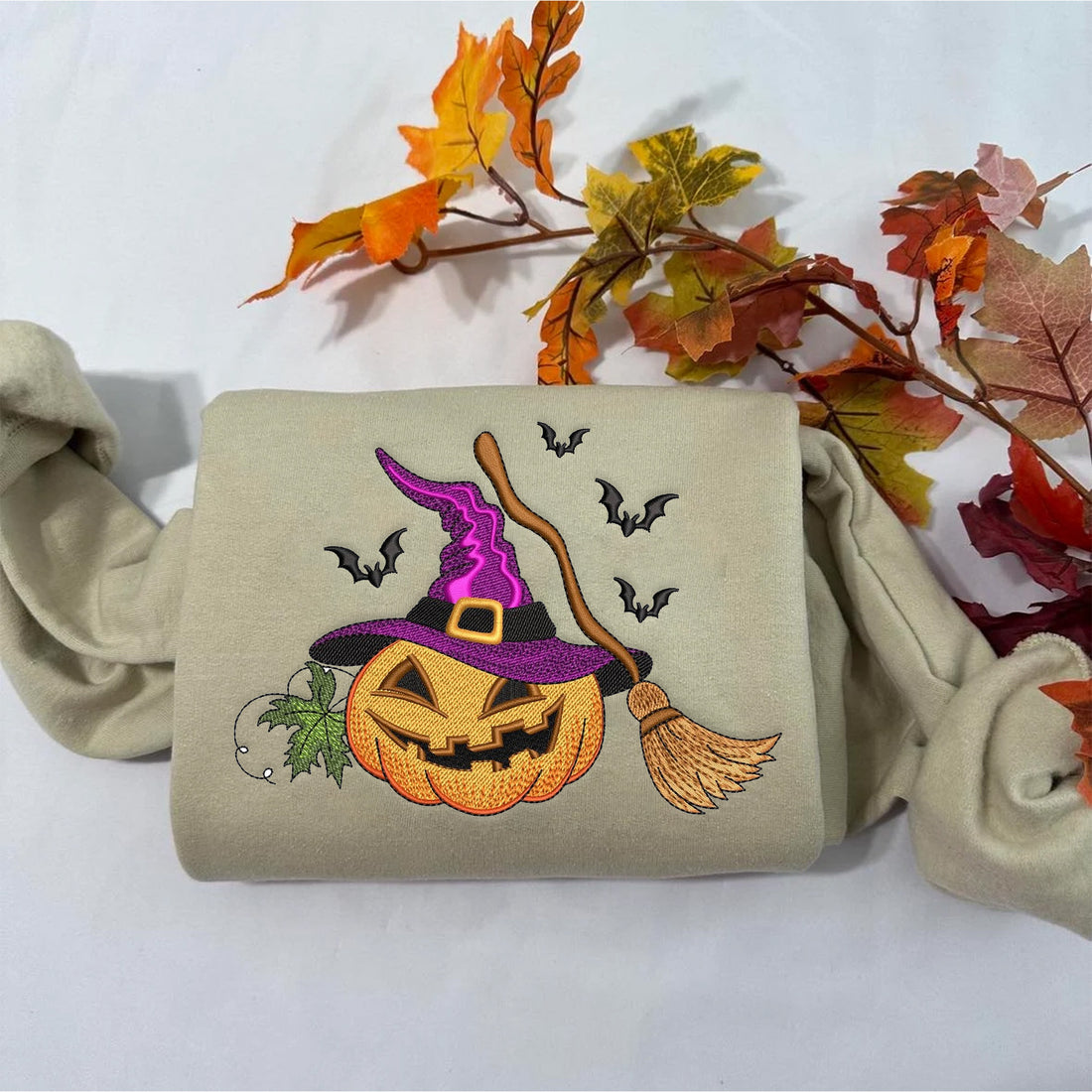 Autumn Pumpkin Ghost Sweatshirt, Halloween Embroidery Sweatshirt HLW_M230