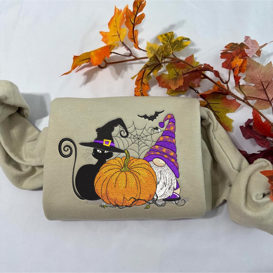 Cat, Gnome and Pumpkin Embroidery Sweatshirt, Halloween Embroidery Sweatshirt HLW_M249