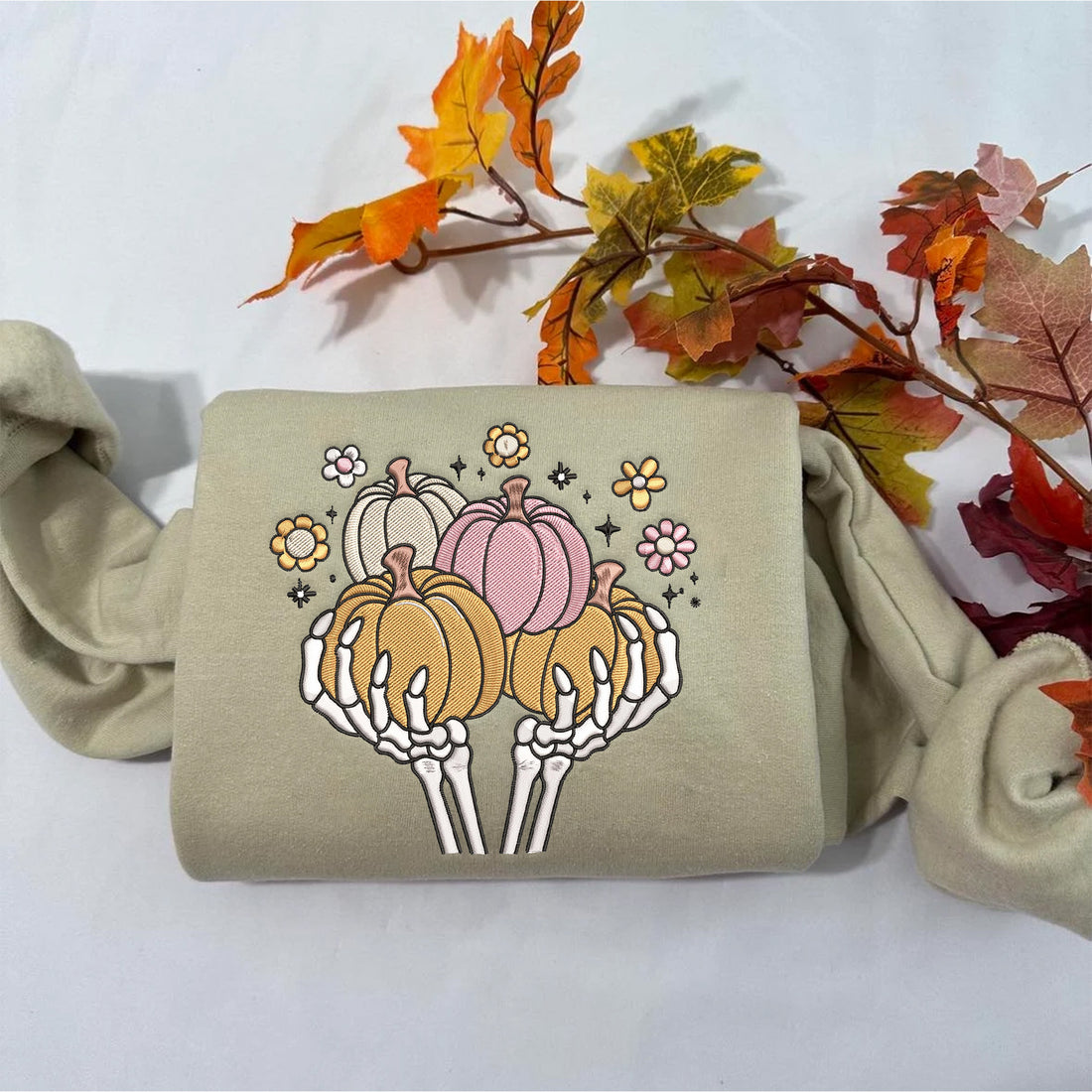 Skeletons Hands with Pumpkin Embroidery Sweatshirt, Halloween Embroidery Sweatshirt HLW_M235