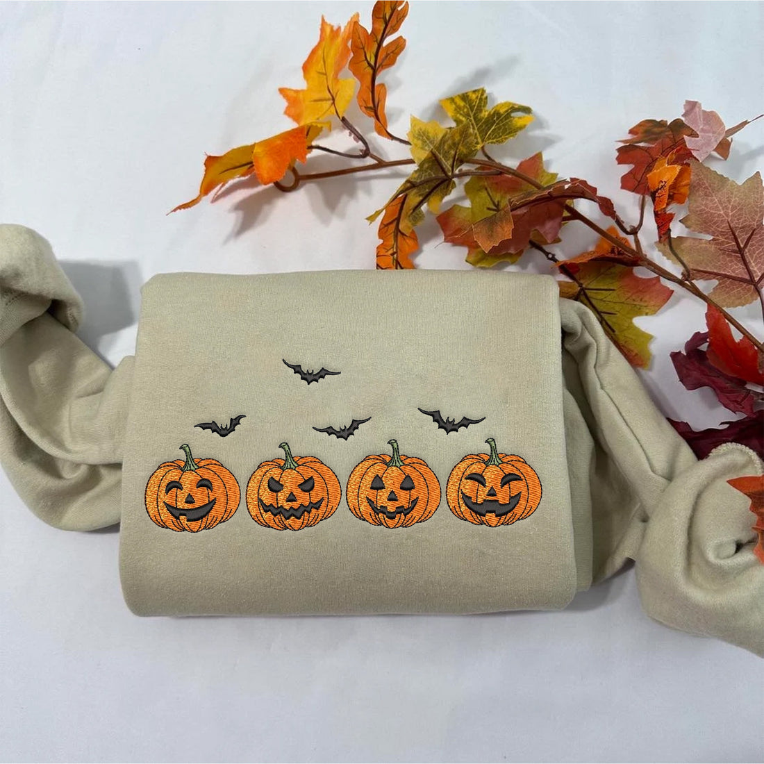 Four Smile Pumpkin and Bat Embroidery Sweatshirt, Halloween Embroidery Sweatshirt HLW_M221