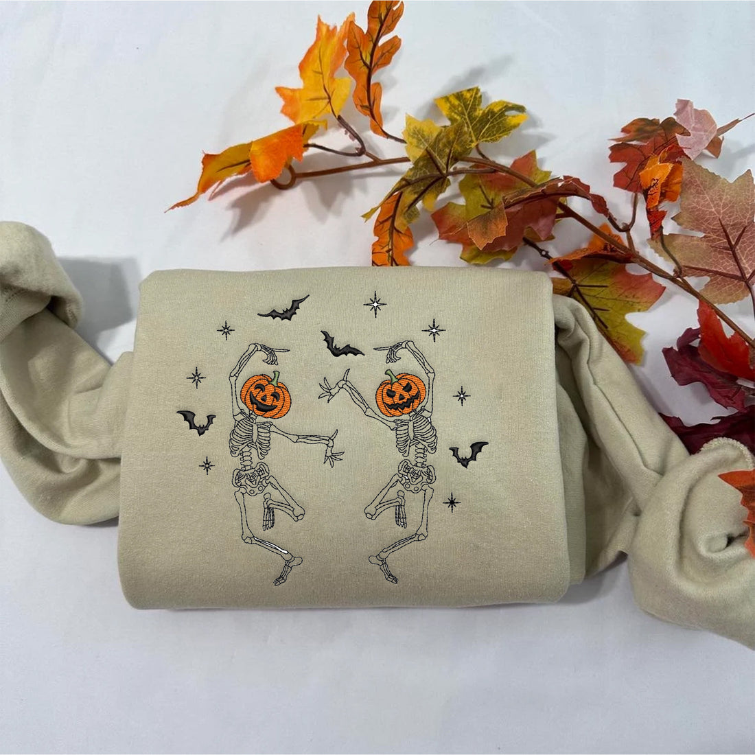 Two Pumpkin Skeleton Dancing Sweatshirt, Halloween Embroidery Sweatshirt HLW_M232