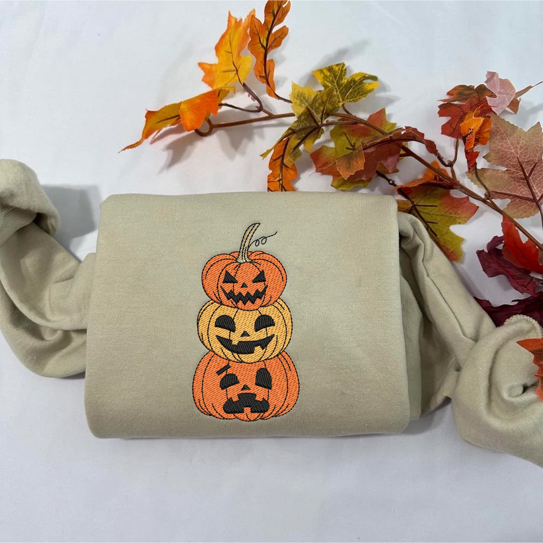 Three Funny Pumpkin Embroidery Sweatshirt, Halloween Embroidery Sweatshirt HLW_M227