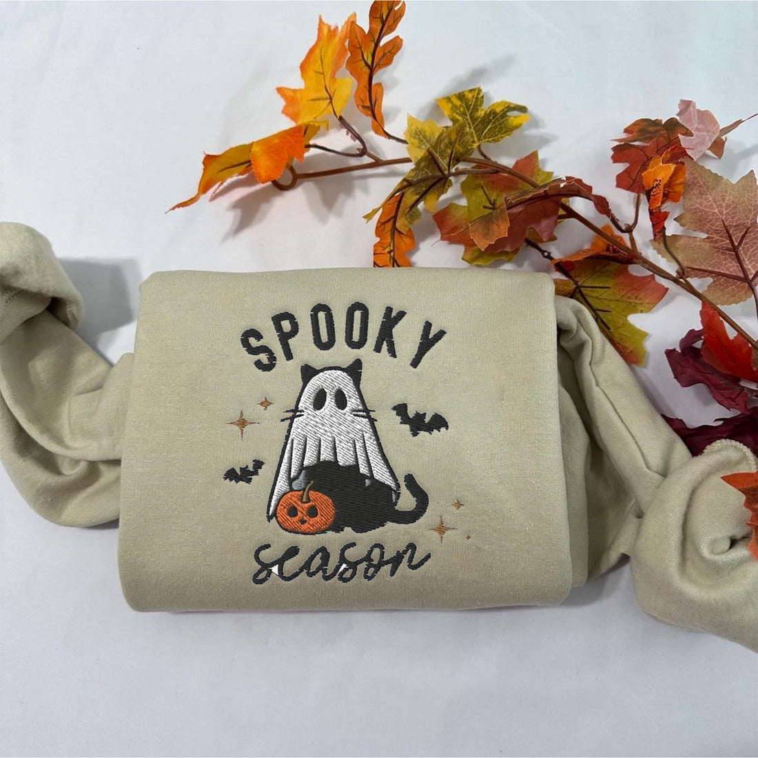 Spooky Ghost Cat Season Sweatshirt, Halloween Embroidery Sweatshirt HLW_M348