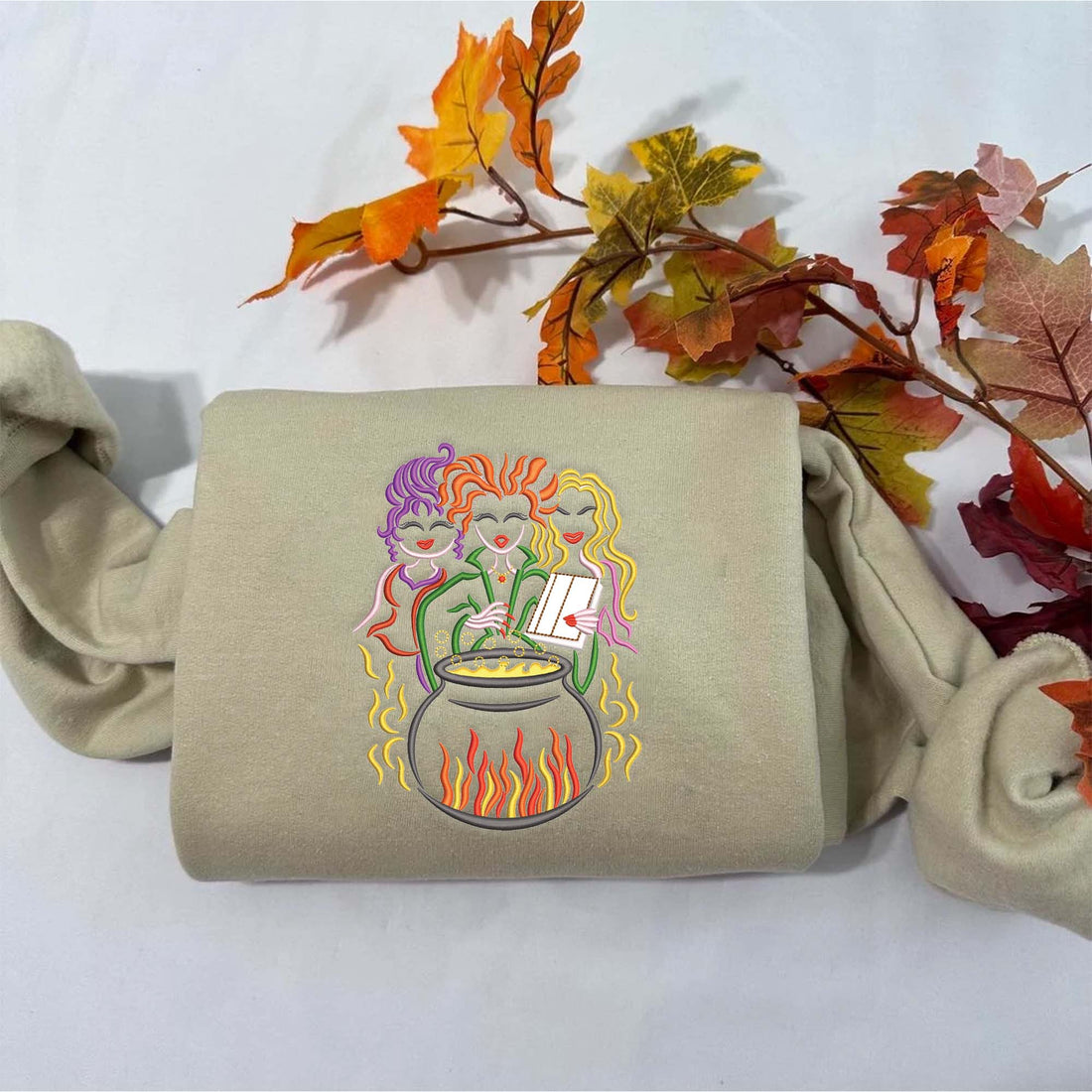 Witch Sisters With Cauldron Sweatshirt, Halloween Embroidery Sweatshirt HLW_M44