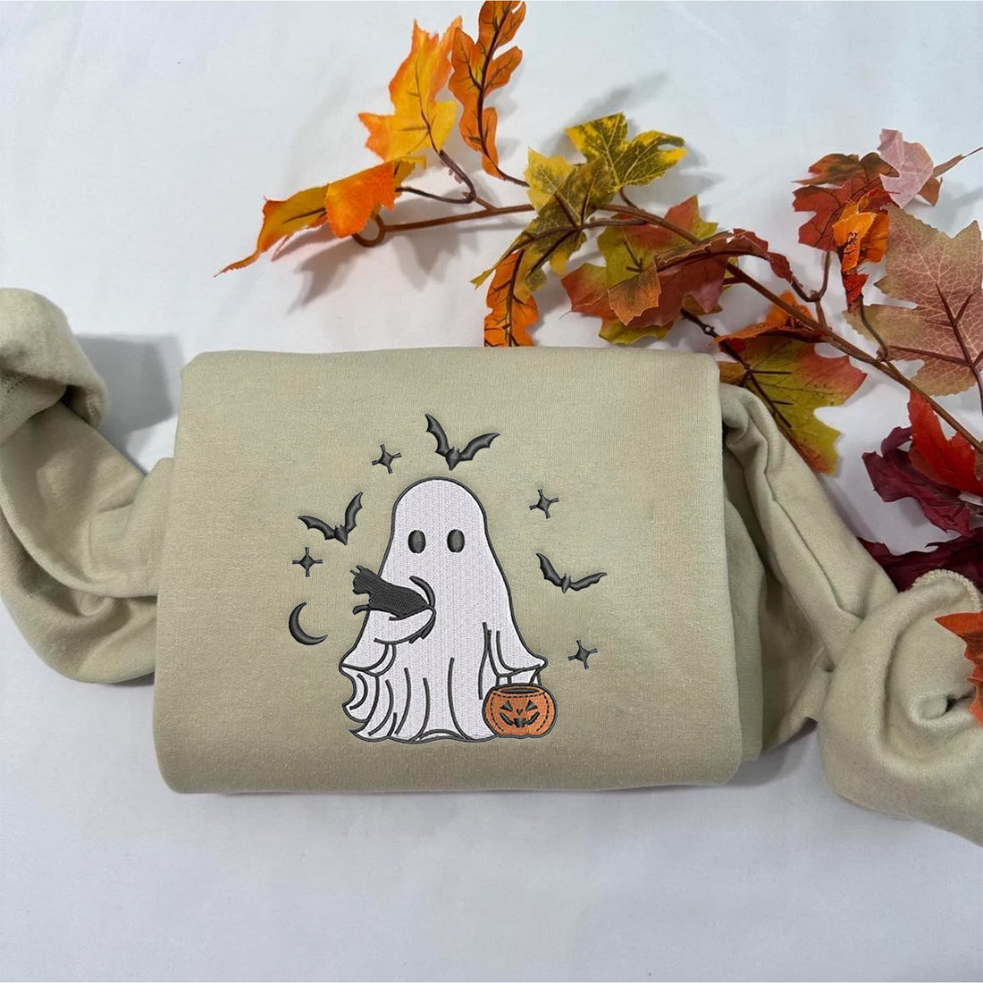 Ghost with Cat Halloween Sweatshirt, Halloween Embroidery Sweatshirt HLW_M345