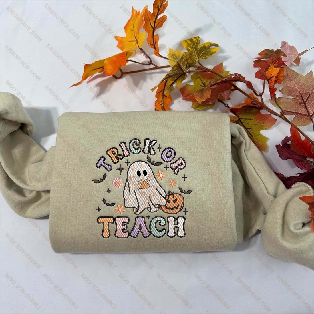 Halloween Trick or Teach Ghost Embroidery Sweatshirt, Halloween Embroidery Sweatshirt HLW_M1498