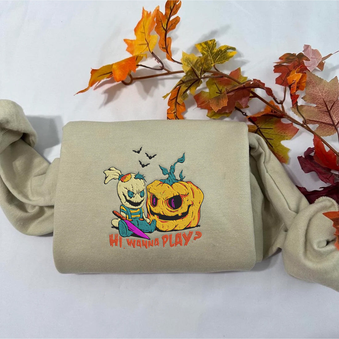 Hi Wanna  Play and Pumpkin Halloween Embroidery Sweatshirt, Halloween Embroidery Sweatshirt HLW_M1240