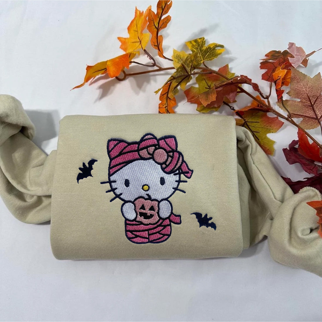 Pink Cat and Pumpkin Halloween Embroidery Sweatshirt, Halloween Embroidery Sweatshirt HLW_M244