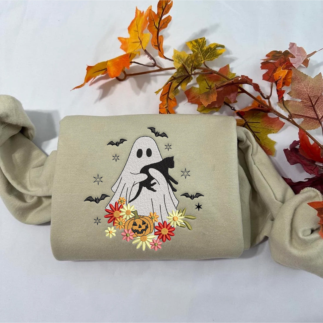 Floral Ghost with Cat Embroidery Sweatshirt, Halloween Embroidery Sweatshirt HLW_M106