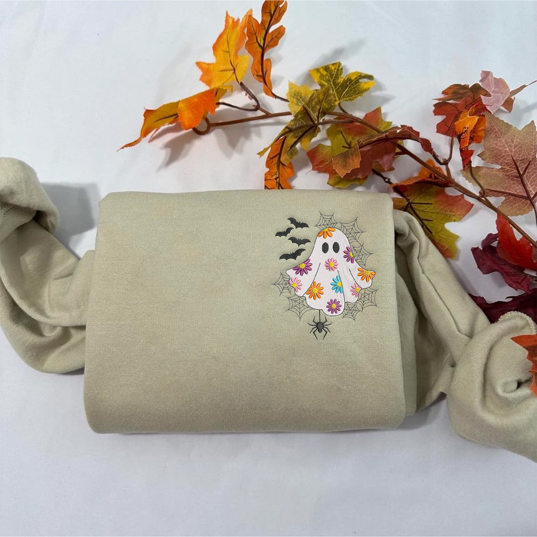 Ghost With Flower Embroidery Sweatshirt, Halloween Embroidery Sweatshirt HLW_M118