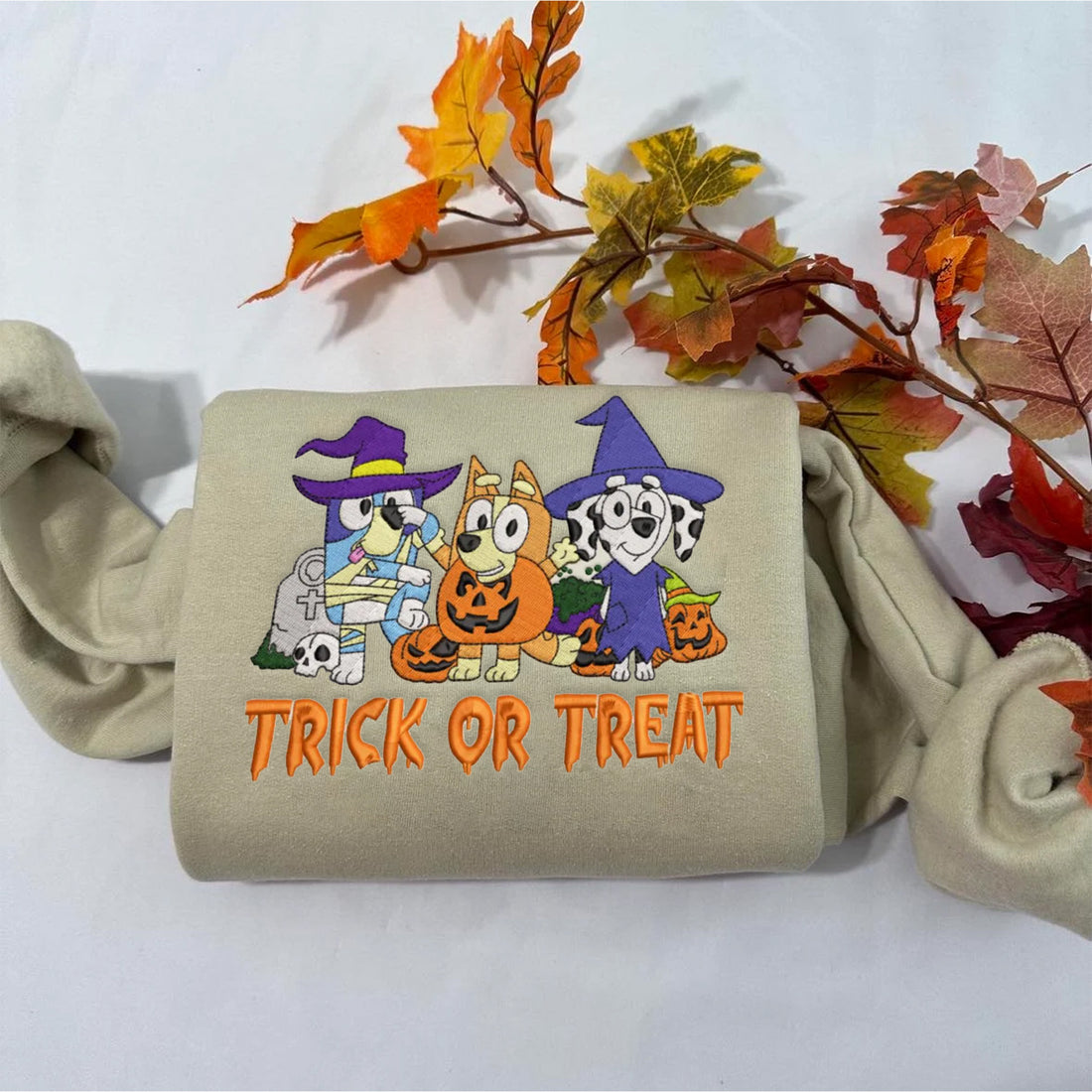 Trick Or Treat Blue Dog Friend Sweatshirt, Halloween Embroidery Sweatshirt HLW_M139