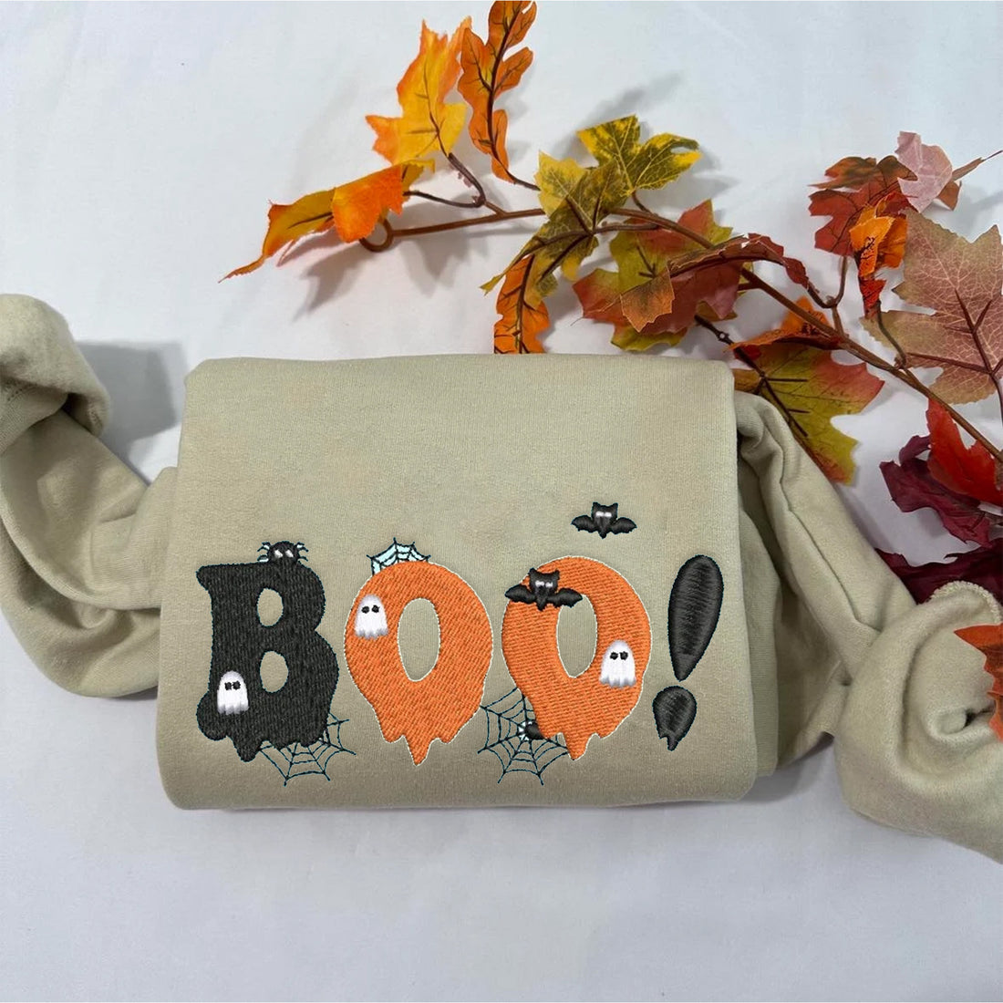 Vintage Cute Boo Ghost Sweatshirt, Halloween Embroidery Sweatshirt HLW_M111