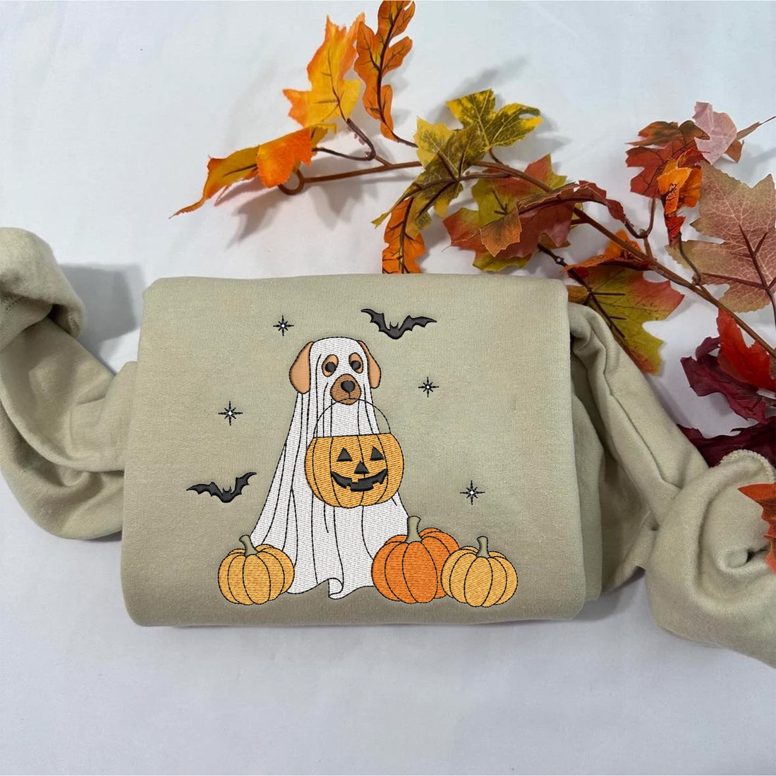 Trick Or Treat Dog Ghost Embroidery Sweatshirt, Halloween Embroidery Sweatshirt HLW_M115