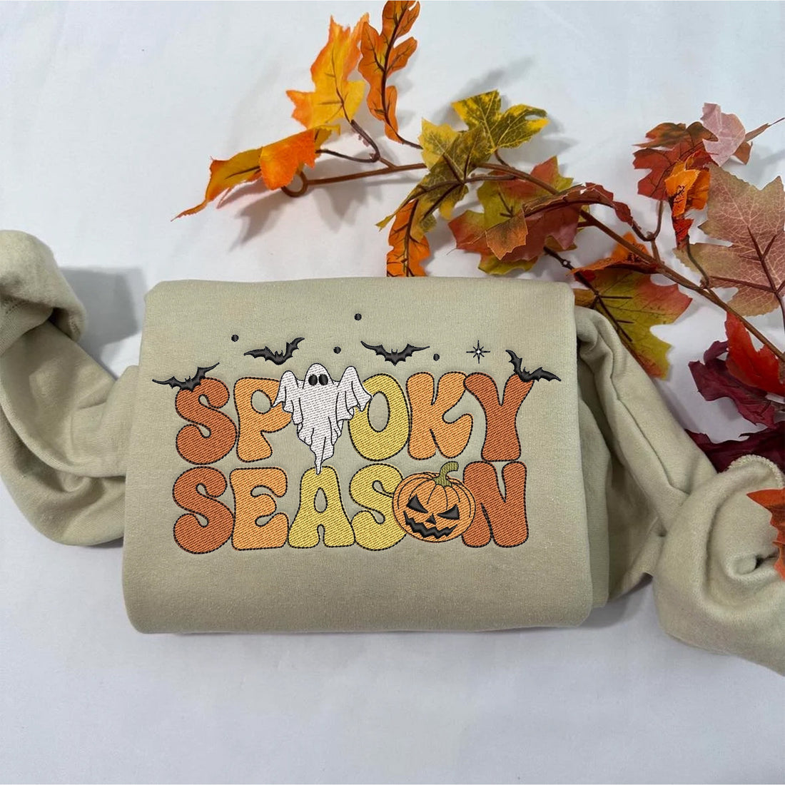 Spooky Season Ghost Sweatshirt, Halloween Embroidery Sweatshirt HLW_M116