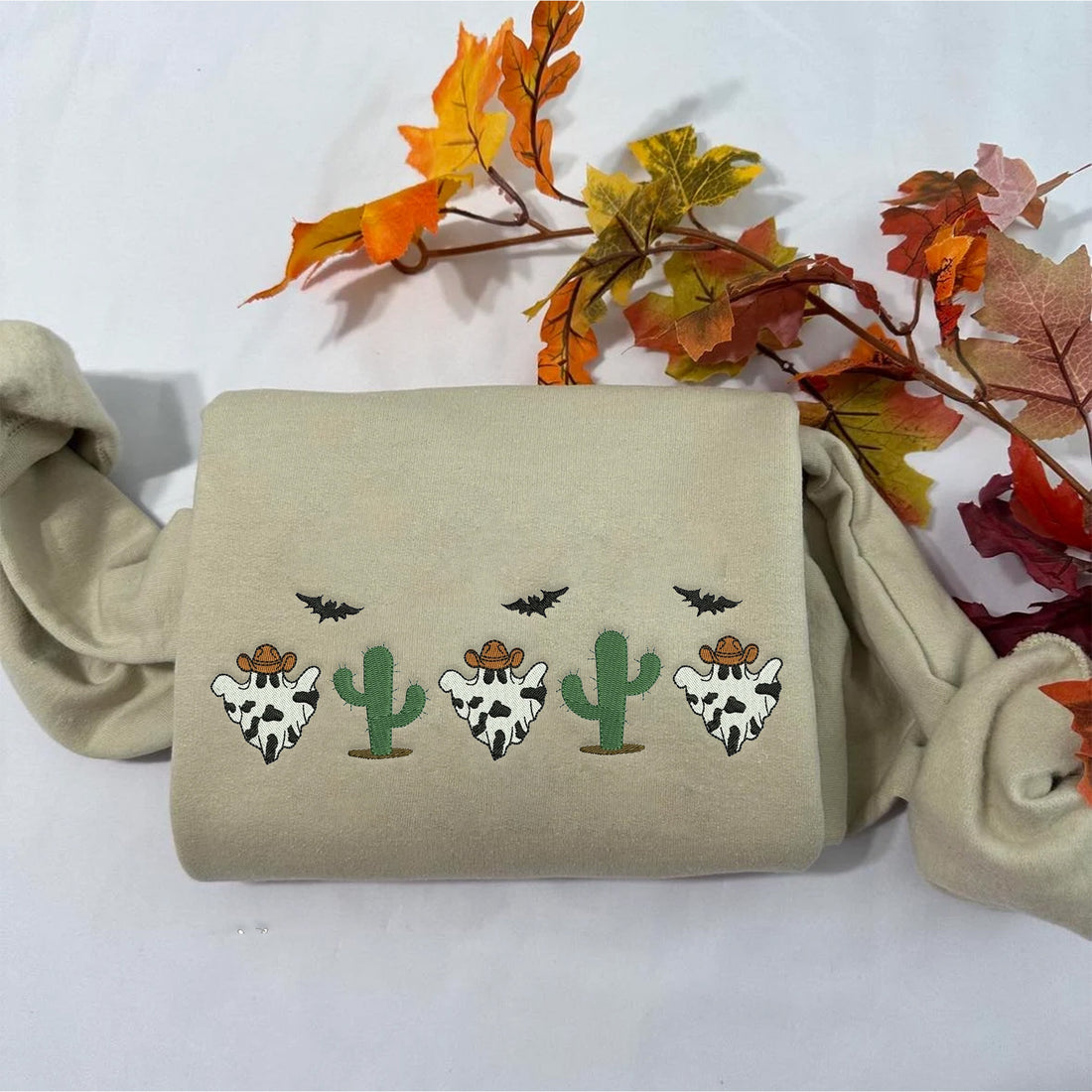 Cactus Ghost Embroidery Sweatshirt, Halloween Embroidery Sweatshirt HLW_M120