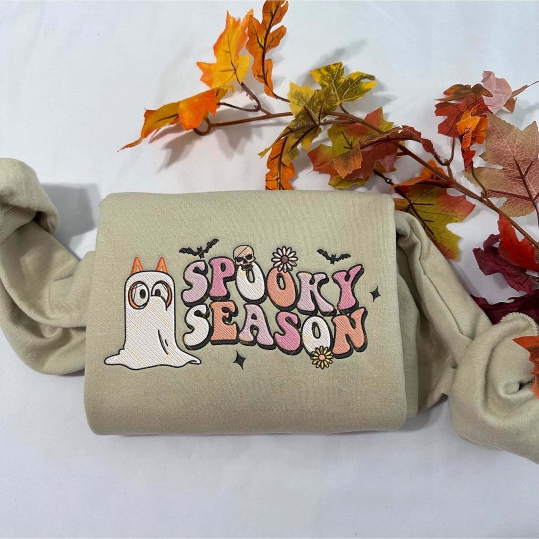 Season Spooky Blue Dog Character Sweatshirt, Halloween Embroidery Sweatshirt HLW_M585