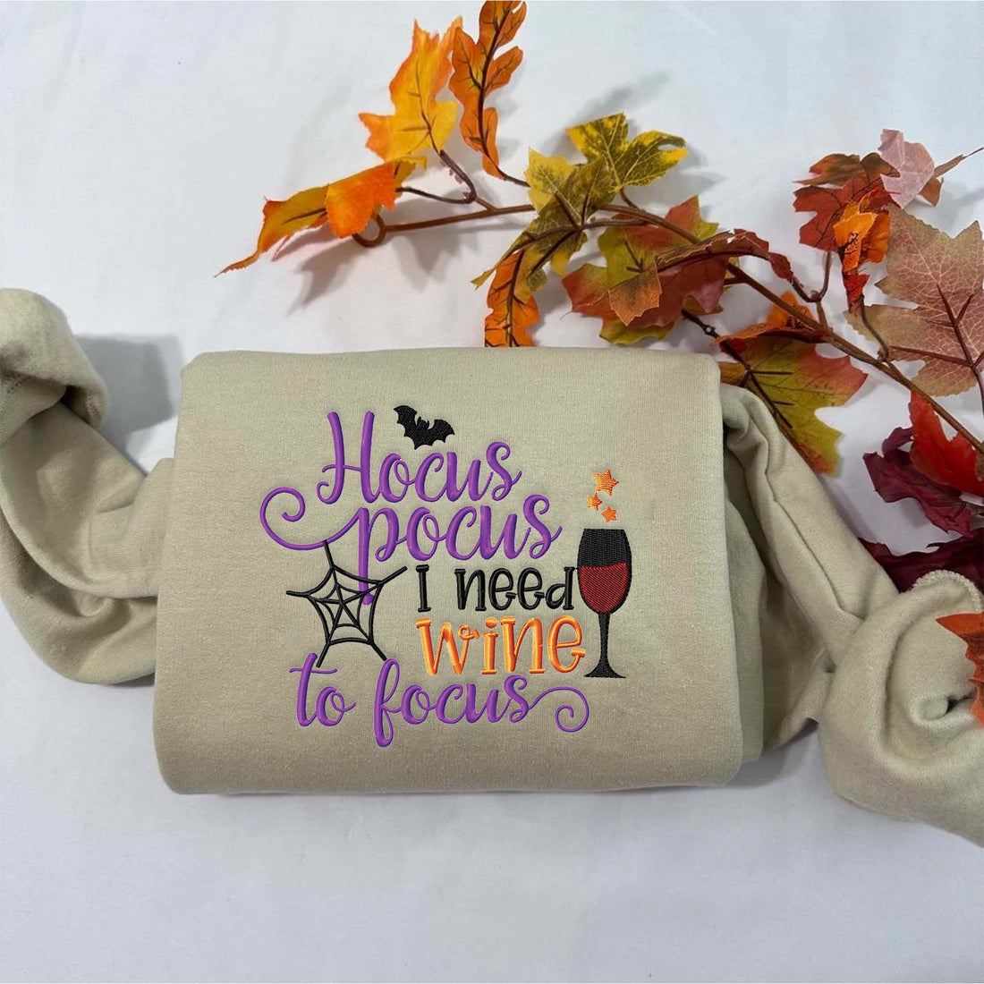 I Need Wine To Focus Sweatshirt, Halloween Embroidery Sweatshirt HLW_M155