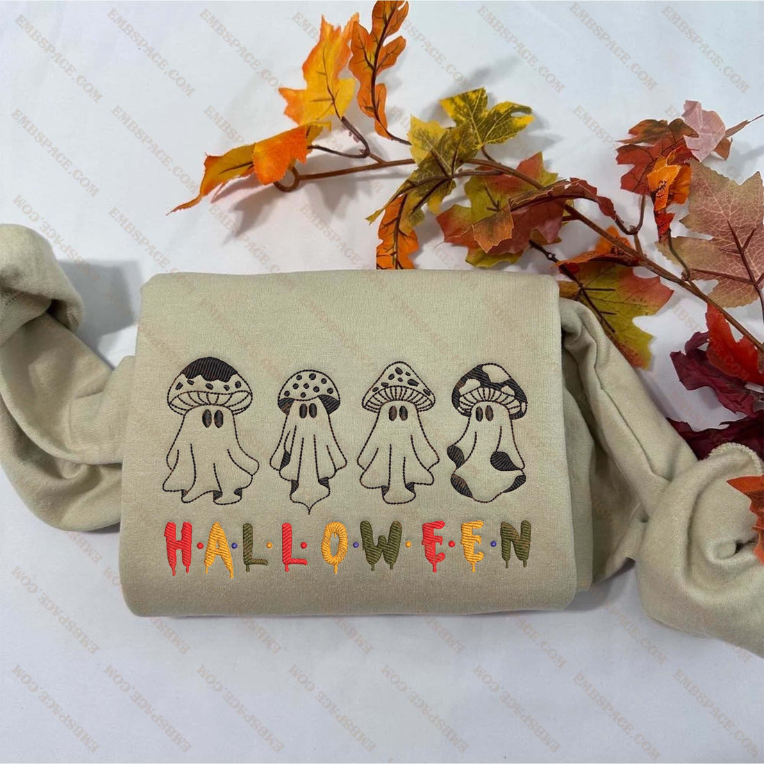 Halloween Mushroom Ghost Colourful Embroidery Sweatshirt, Halloween Embroidery Sweatshirt HLW_M1590