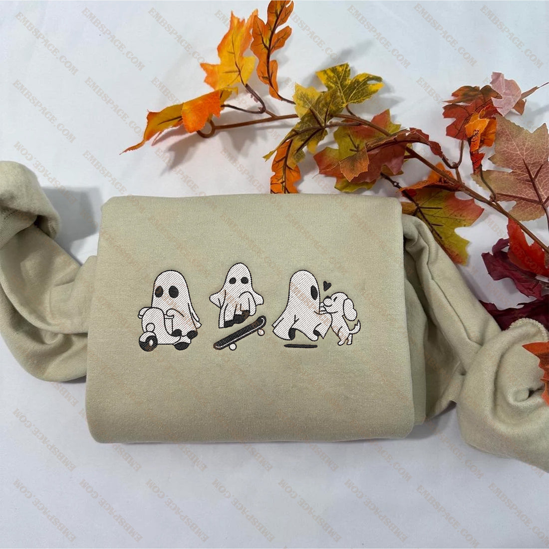 Ghosts Roller Skating With Dog Embroidery Sweatshirt, Halloween Embroidery Sweatshirt HLW_M1553