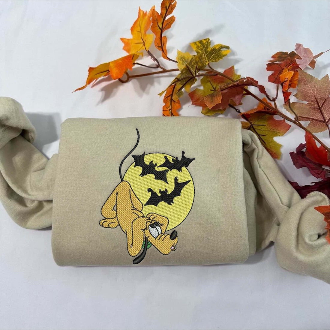 Dog with Bat Moon Halloween Embroidery Sweatshirt, Halloween Embroidery Sweatshirt HLW_M1044