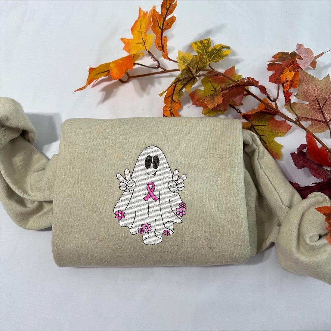 Hi Pink Ghost Halloween Embroidery Sweatshirt, Halloween Embroidery Sweatshirt HLW_M1229